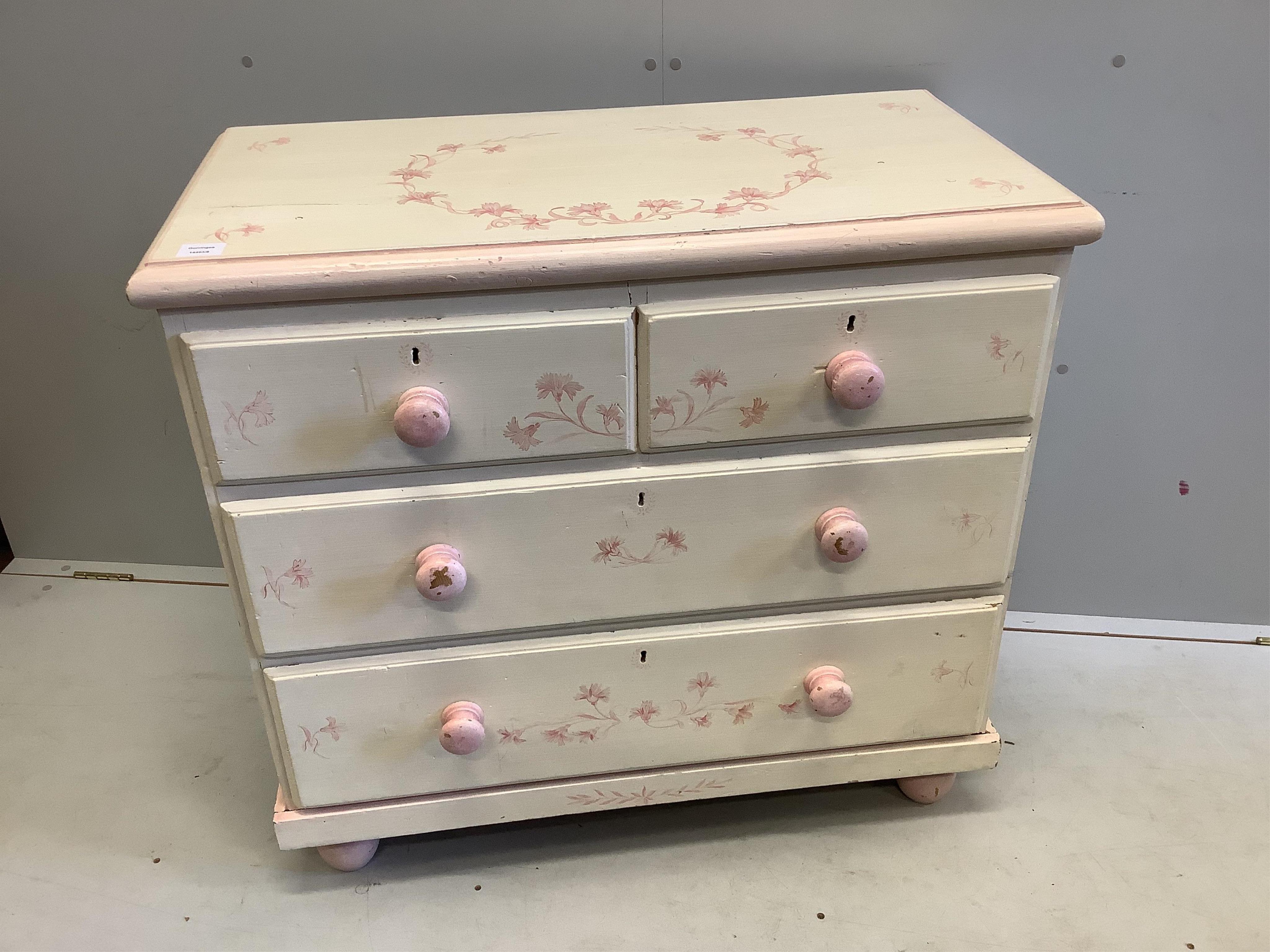 A Victorian pine chest of four drawers, later painted, width 91cm, depth 46cm, height 86cm. Condition - fair